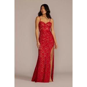 Galina Signature Dress Red Allover Lace Corset Sheath with Side Slit